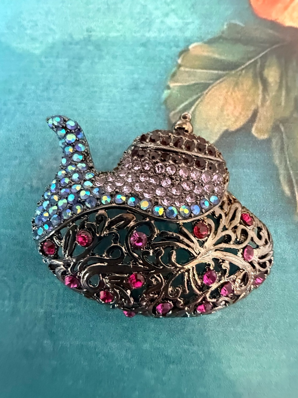 Crystal-Embellished Tea Pot Brooch in Blue, Purple & Pink